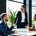 A diverse team of professional individuals, fully clothed in modest business attire, actively collaborating around a large, modern conference table in a sunlit, contemporary office. The space features vibrant green plants and transparent glass partitions, symbolizing growth and openness. They are engaged in a purposeful discussion, embodying innovation and a shared commitment to sustainable business practices. safe for work, appropriate content, fully clothed, professional, perfect anatomy, correct proportions, natural pose, well-formed hands, proper finger count, natural body proportions, high quality, corporate photography.