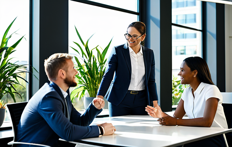 A diverse team of professional individuals, fully clothed in modest business attire, actively collaborating around a large, modern conference table in a sunlit, contemporary office. The space features vibrant green plants and transparent glass partitions, symbolizing growth and openness. They are engaged in a purposeful discussion, embodying innovation and a shared commitment to sustainable business practices. safe for work, appropriate content, fully clothed, professional, perfect anatomy, correct proportions, natural pose, well-formed hands, proper finger count, natural body proportions, high quality, corporate photography.