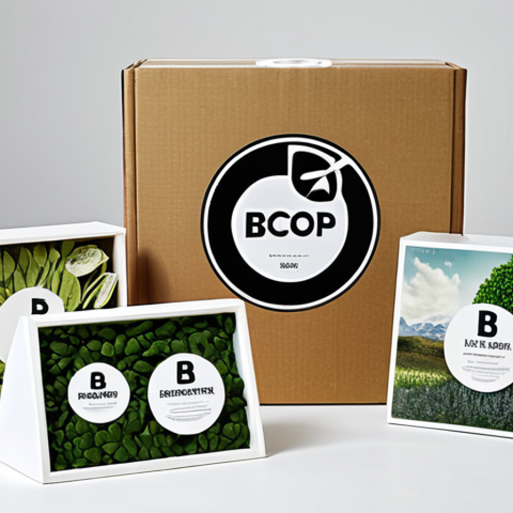 Transparent B-Corp Product Display**
Prompt: "A well-lit display of sustainable product packaging from a B-Corp, showing recycled materials and minimalist design. Include a sign highlighting the company's social and environmental impact metrics. Focus on transparency and ethical sourcing. Bright and informative, showcasing eco-friendly consumerism. Perfect composition, high resolution."
**