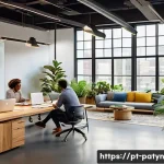 Home 20 B Corp 인증을 통한 직원 복지 향상 - A modern, inclusive office workspace bustling with diverse employees collaborating happily; ergonomi...