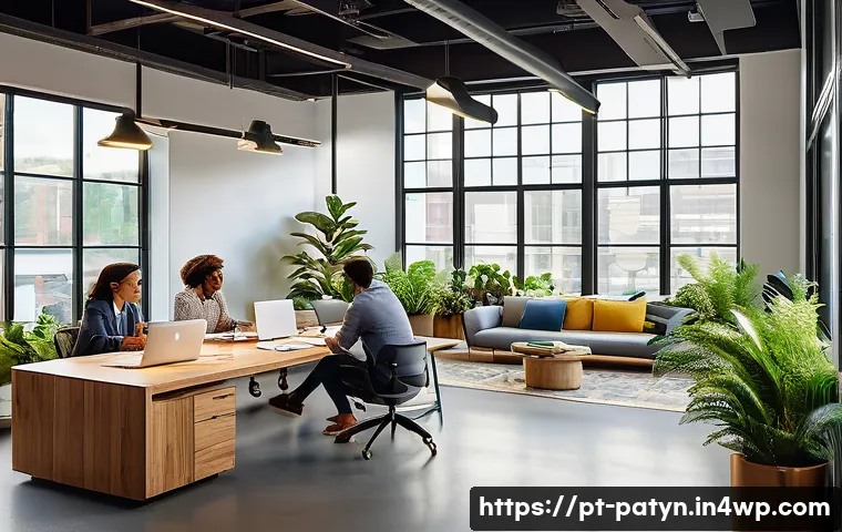 B Corp 인증을 통한 직원 복지 향상 - A modern, inclusive office workspace bustling with diverse employees collaborating happily; ergonomi...