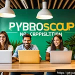 Home 18 B Corp 모델의 미래 전망 - A modern Brazilian startup office scene showing diverse young professionals collaborating enthusiast...